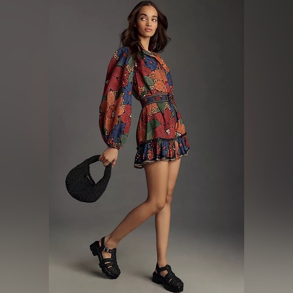FARM Rio Dresses & Skirts - FARM Rio Red Multi-Color Floral Balloon-Sleeve Mini Dress